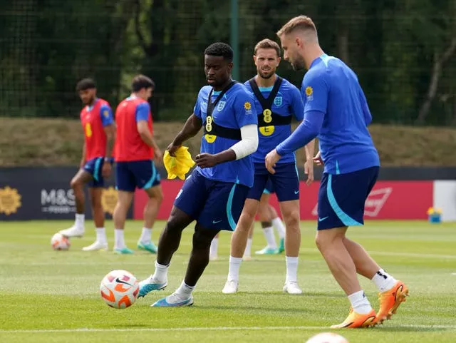 England’s Marc Guehi, Luke Shaw and John Stones train