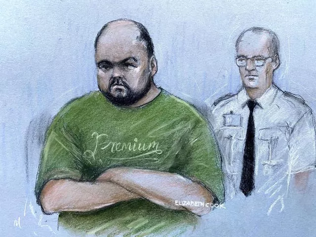 A sketch of Gavin Plumb in a green t-shirt with an officer in shirt and tie behind him